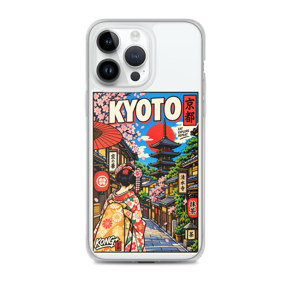 KONG+ Kyoto Days Japanese phone case featuring a colourful Kyoto street, traditional pagoda, lanterns, cherry blossoms and a woman wearing a kimono.