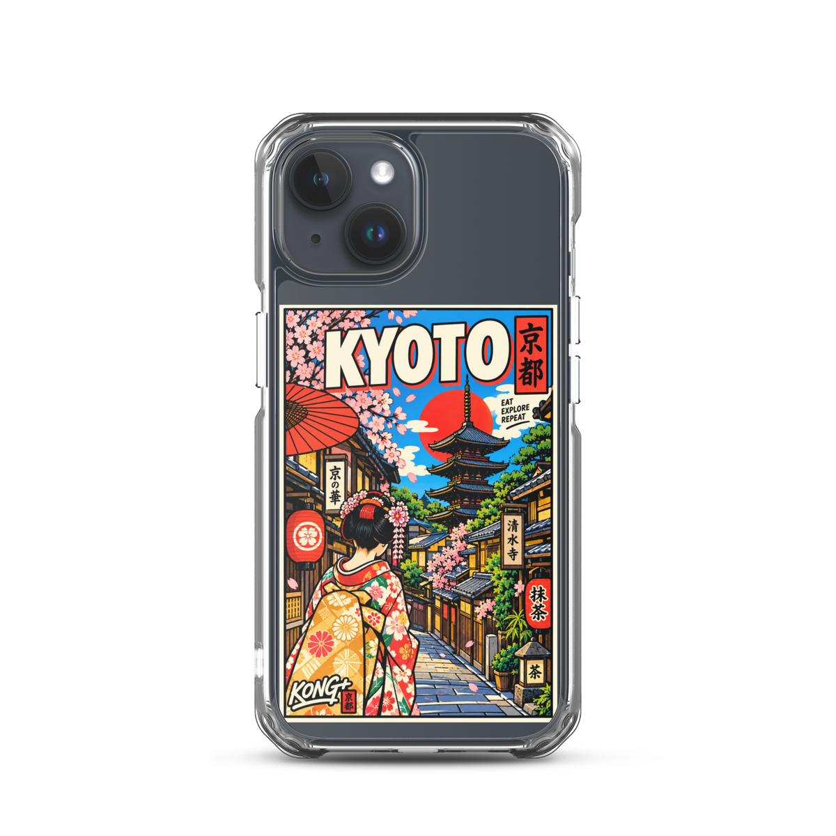 KONG+ Kyoto Days Japanese phone case featuring a colourful Kyoto street, traditional pagoda, lanterns, cherry blossoms and a woman wearing a kimono.