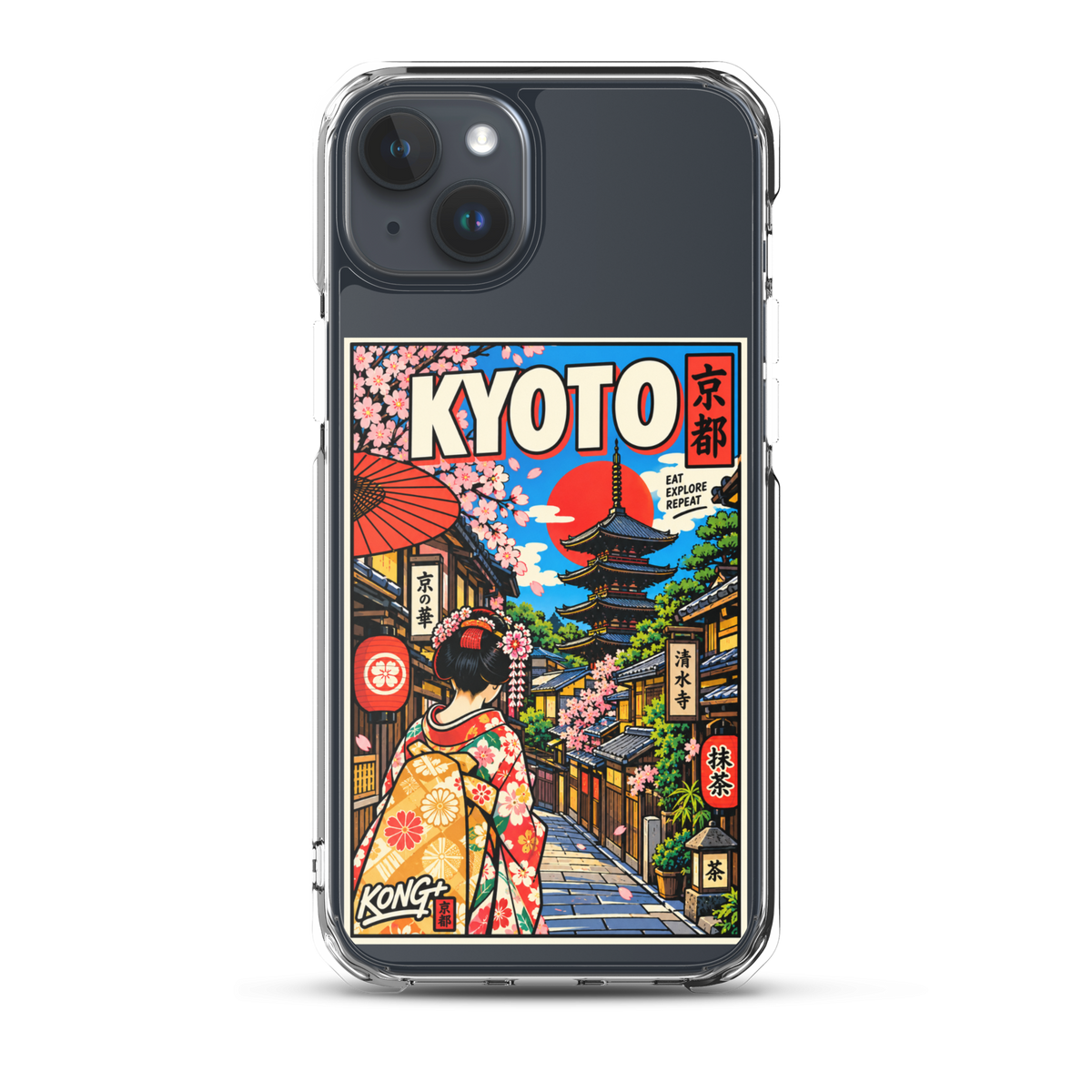 KONG+ Kyoto Days Japanese phone case featuring a colourful Kyoto street, traditional pagoda, lanterns, cherry blossoms and a woman wearing a kimono.