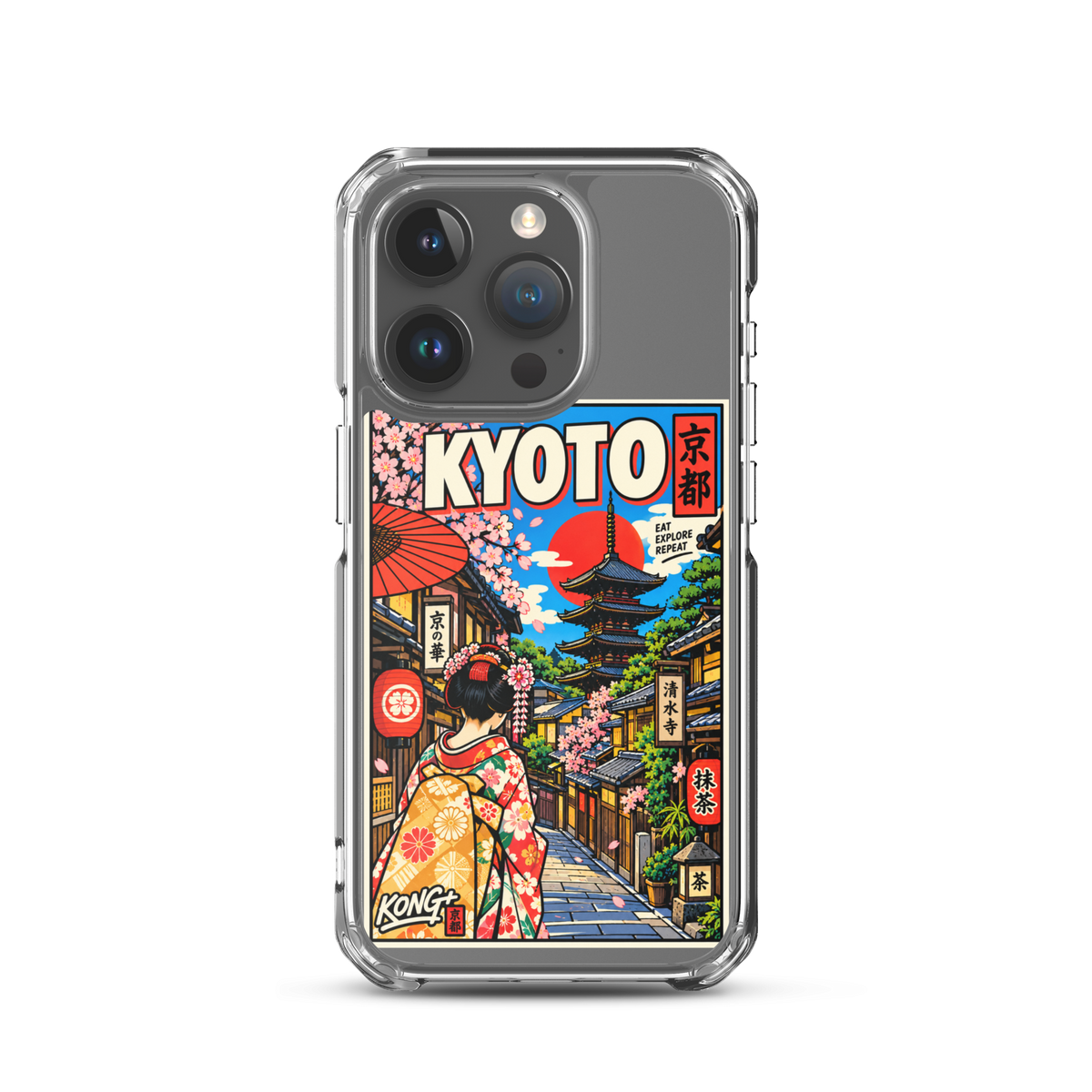 KONG+ Kyoto Days Japanese phone case featuring a colourful Kyoto street, traditional pagoda, lanterns, cherry blossoms and a woman wearing a kimono.
