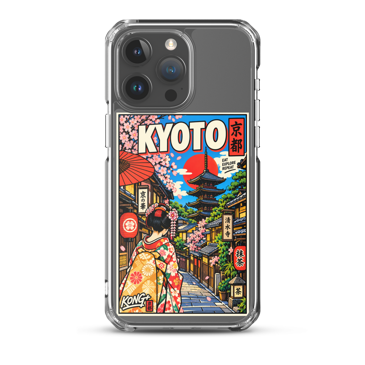 KONG+ Kyoto Days Japanese phone case featuring a colourful Kyoto street, traditional pagoda, lanterns, cherry blossoms and a woman wearing a kimono.