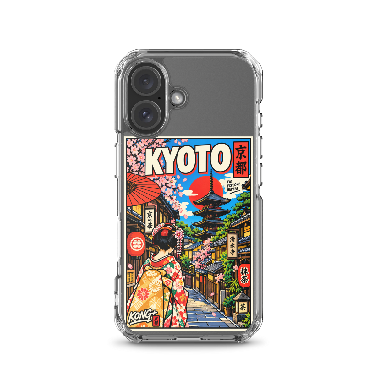 KONG+ Kyoto Days Japanese phone case featuring a colourful Kyoto street, traditional pagoda, lanterns, cherry blossoms and a woman wearing a kimono.