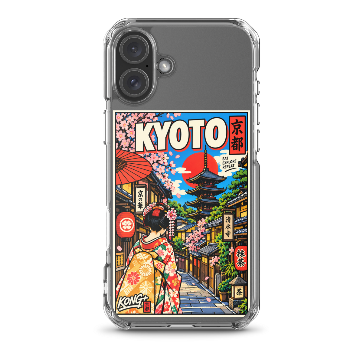 KONG+ Kyoto Days Japanese phone case featuring a colourful Kyoto street, traditional pagoda, lanterns, cherry blossoms and a woman wearing a kimono.