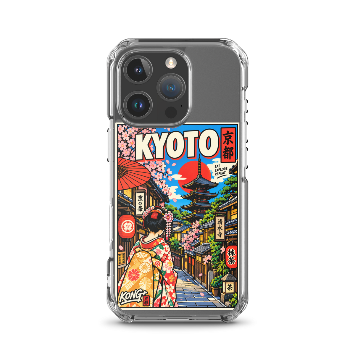KONG+ Kyoto Days Japanese phone case featuring a colourful Kyoto street, traditional pagoda, lanterns, cherry blossoms and a woman wearing a kimono.