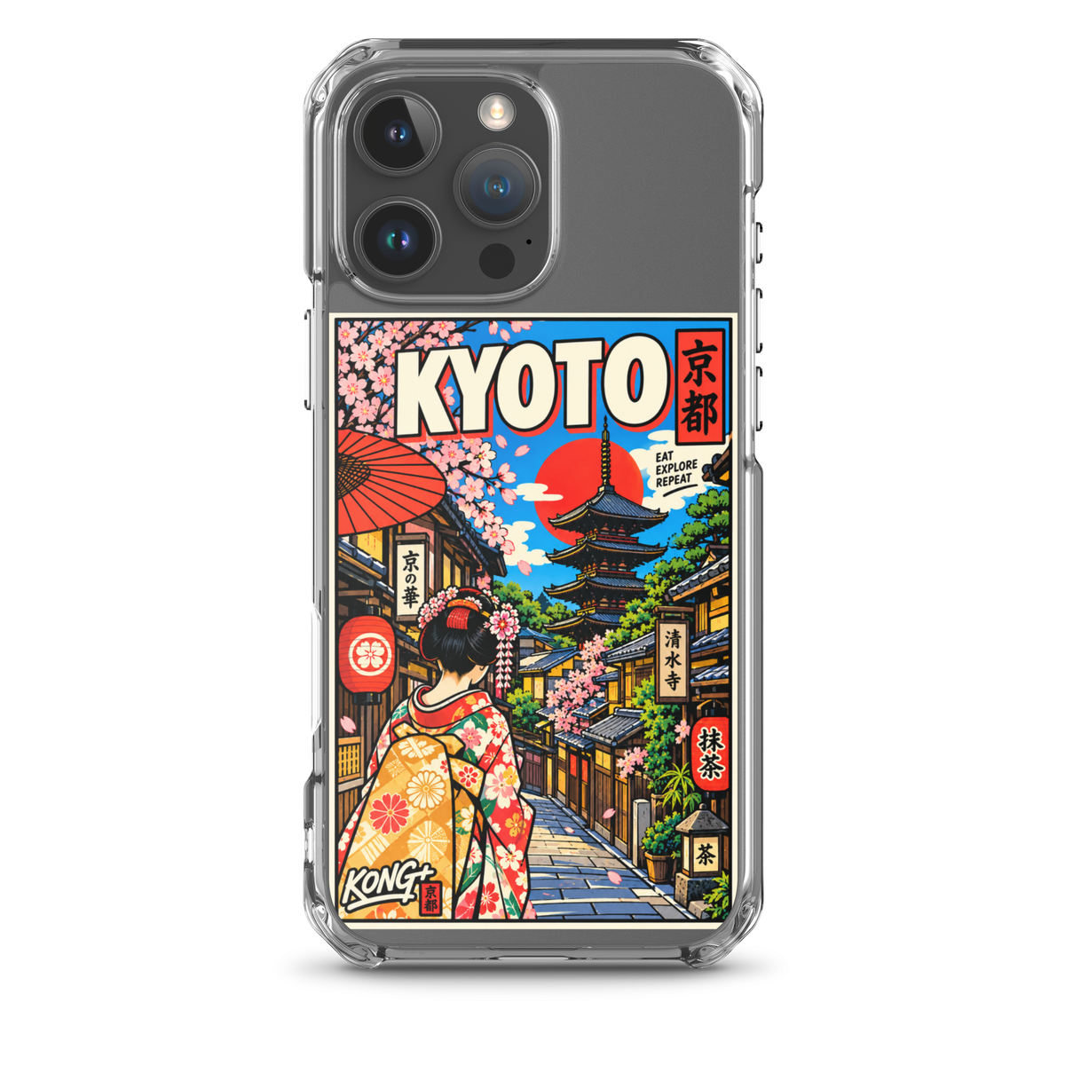 KONG+ Kyoto Days Japanese phone case featuring a colourful Kyoto street, traditional pagoda, lanterns, cherry blossoms and a woman wearing a kimono.