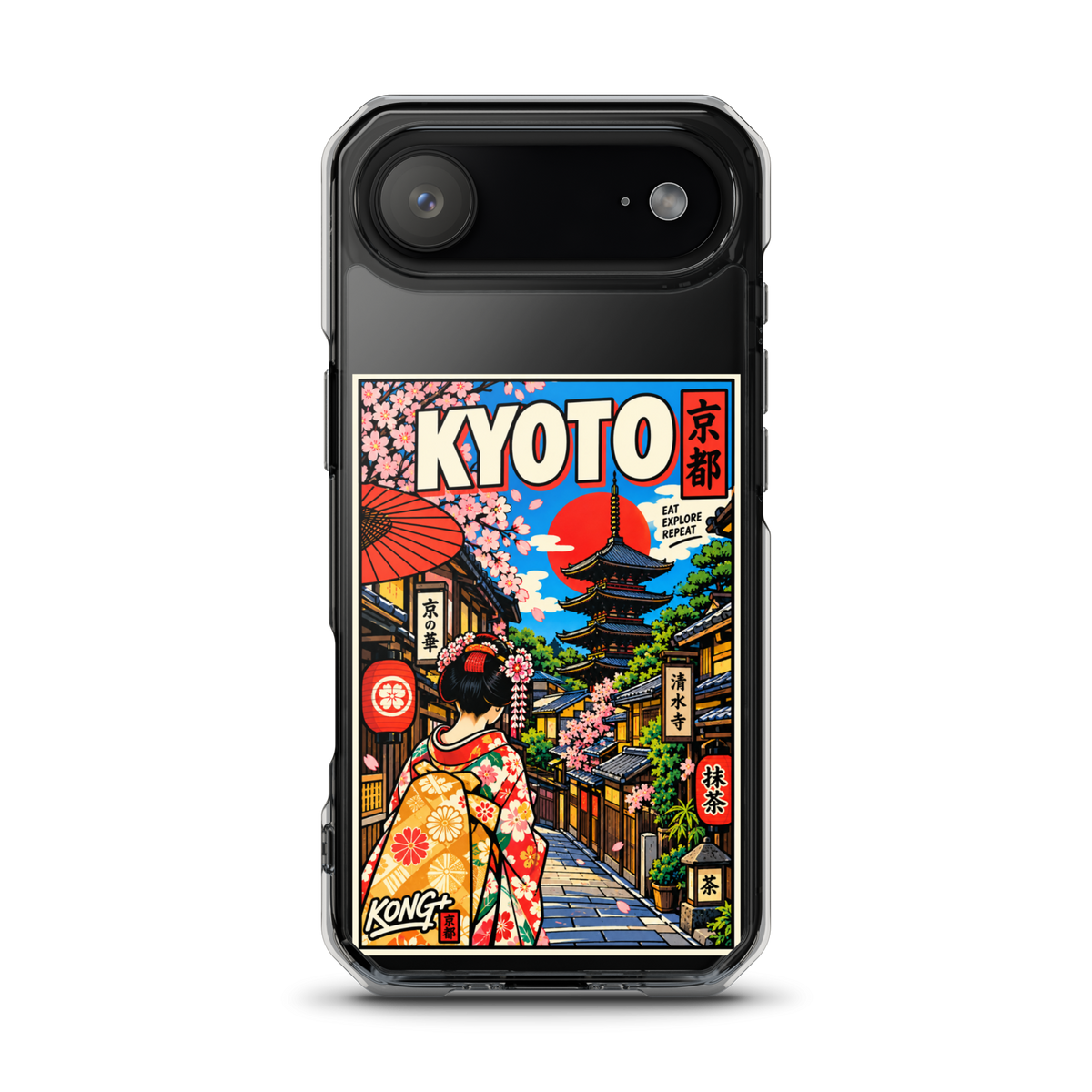 KONG+ Kyoto Days Japanese phone case featuring a colourful Kyoto street, traditional pagoda, lanterns, cherry blossoms and a woman wearing a kimono.