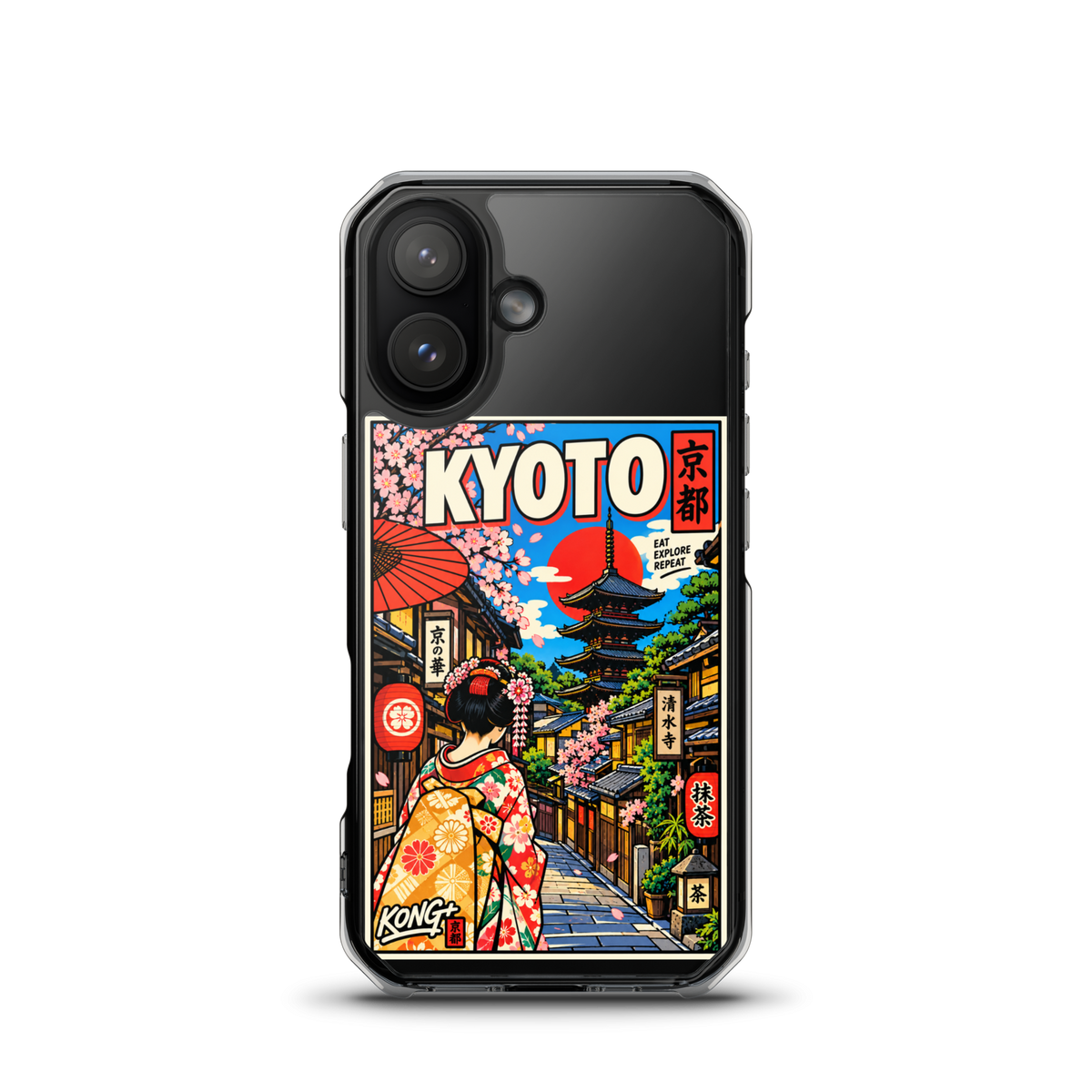 KONG+ Kyoto Days Japanese phone case featuring a colourful Kyoto street, traditional pagoda, lanterns, cherry blossoms and a woman wearing a kimono.