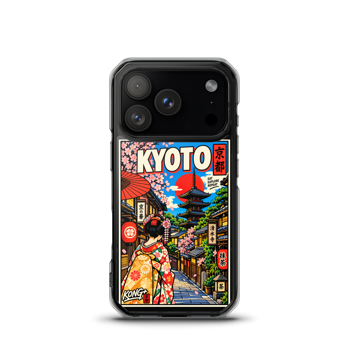 KONG+ Kyoto Days Japanese phone case featuring a colourful Kyoto street, traditional pagoda, lanterns, cherry blossoms and a woman wearing a kimono.