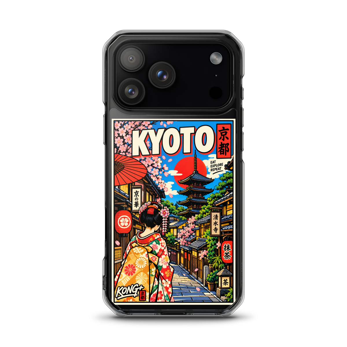 KONG+ Kyoto Days Japanese phone case featuring a colourful Kyoto street, traditional pagoda, lanterns, cherry blossoms and a woman wearing a kimono.