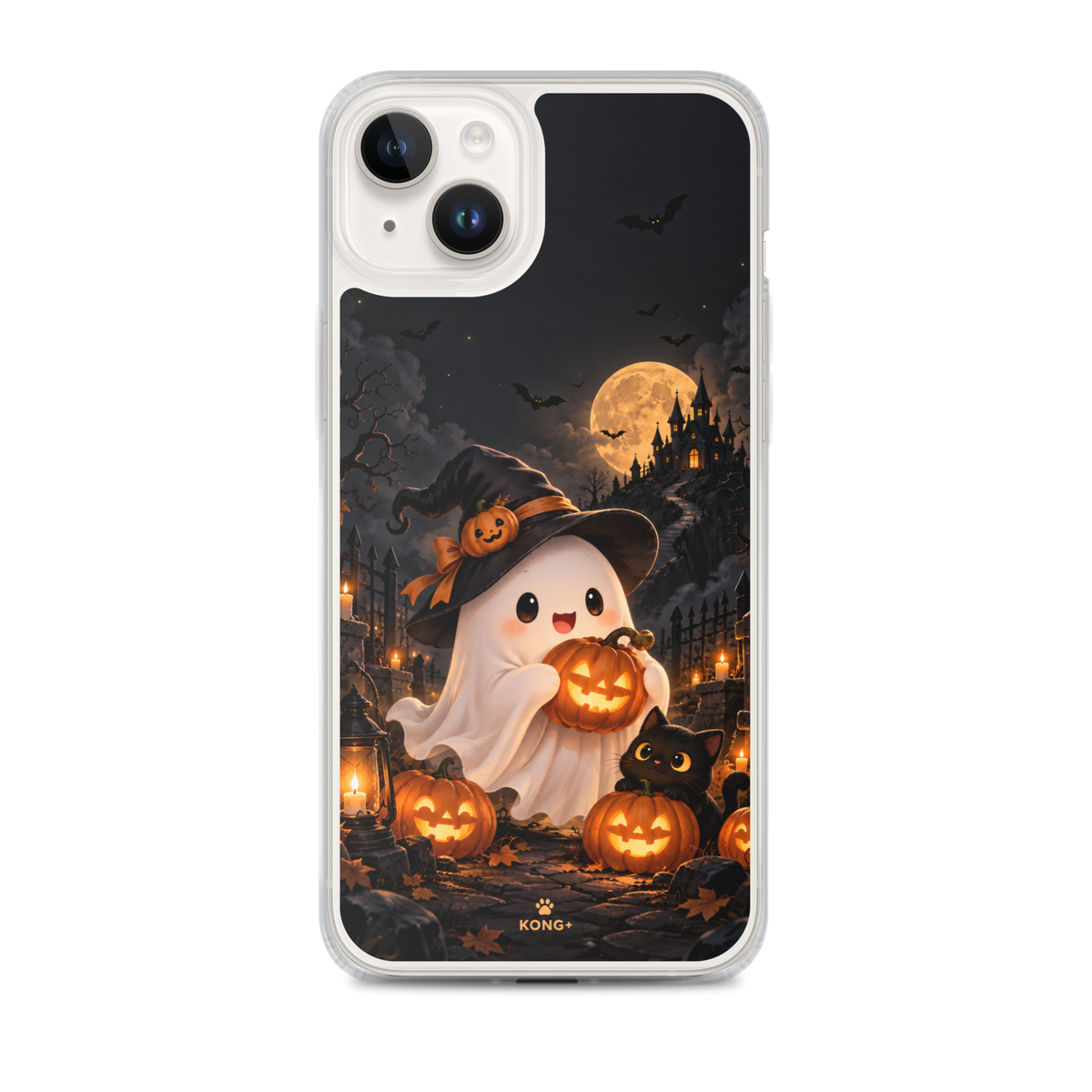 KONG+ Little Boo limited edition Halloween iPhone 18 Pro Max case featuring a cute ghost, glowing pumpkins and black cat, shown in multiple views with MagSafe compatibility and protective clear edges.