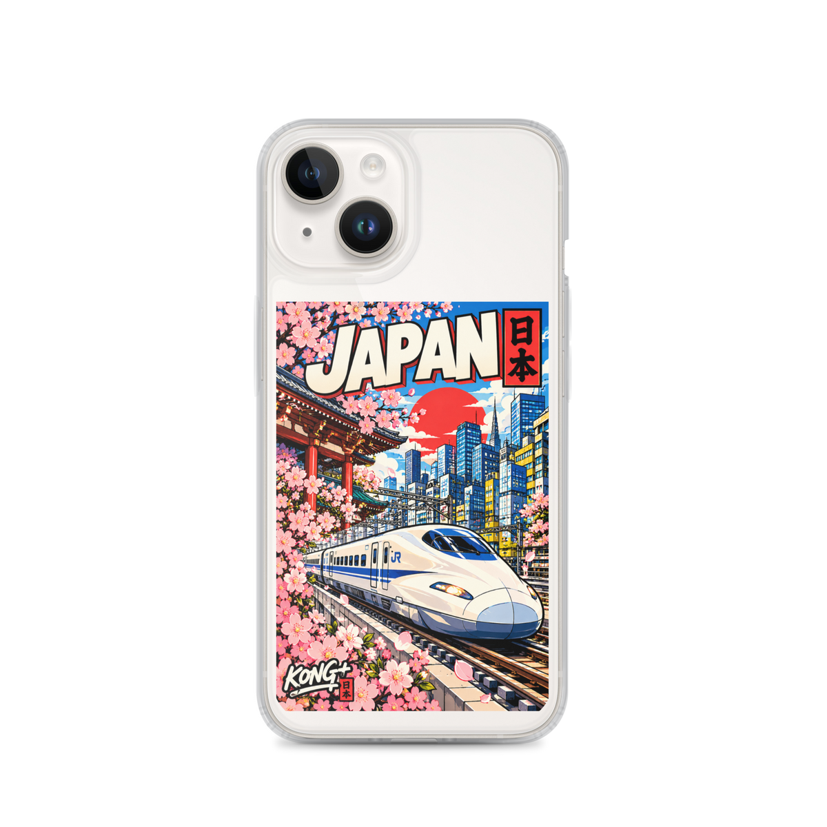 KONG+ Nippon Express Japanese phone case featuring a Shinkansen bullet train, Tokyo city streets, Japanese lanterns, cherry blossoms and colourful urban scenery.