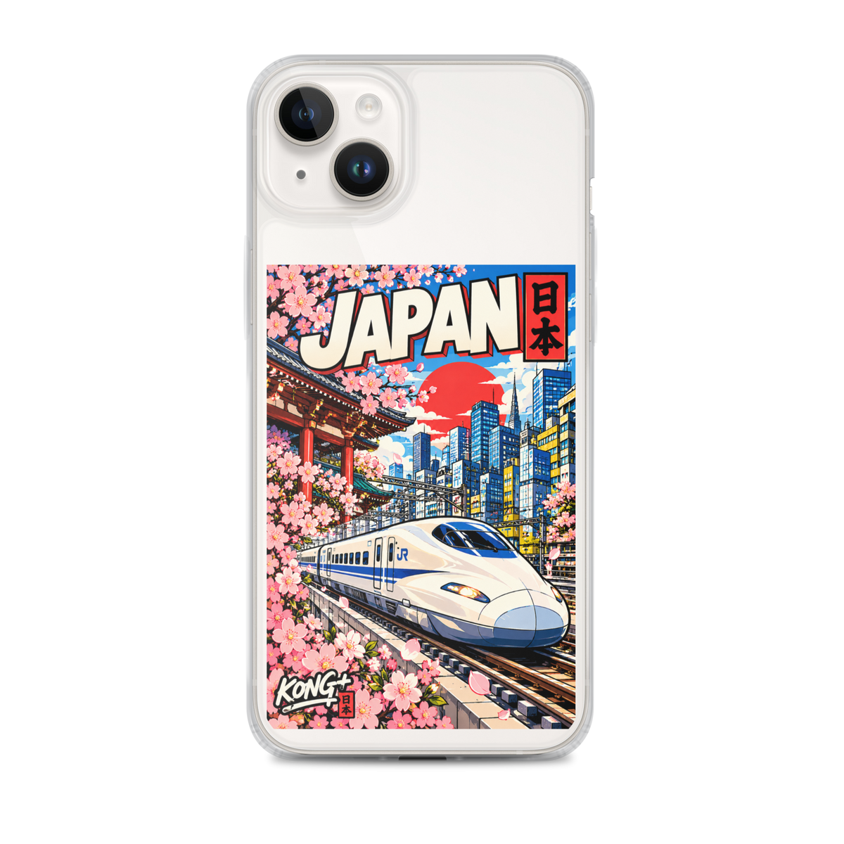 KONG+ Nippon Express Japanese phone case featuring a Shinkansen bullet train, Tokyo city streets, Japanese lanterns, cherry blossoms and colourful urban scenery.