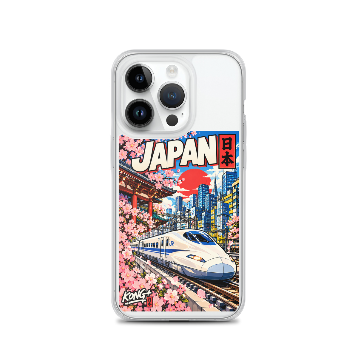 KONG+ Nippon Express Japanese phone case featuring a Shinkansen bullet train, Tokyo city streets, Japanese lanterns, cherry blossoms and colourful urban scenery.