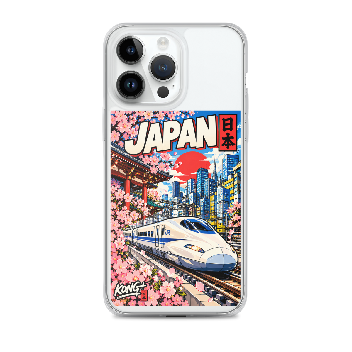 KONG+ Nippon Express Japanese phone case featuring a Shinkansen bullet train, Tokyo city streets, Japanese lanterns, cherry blossoms and colourful urban scenery.