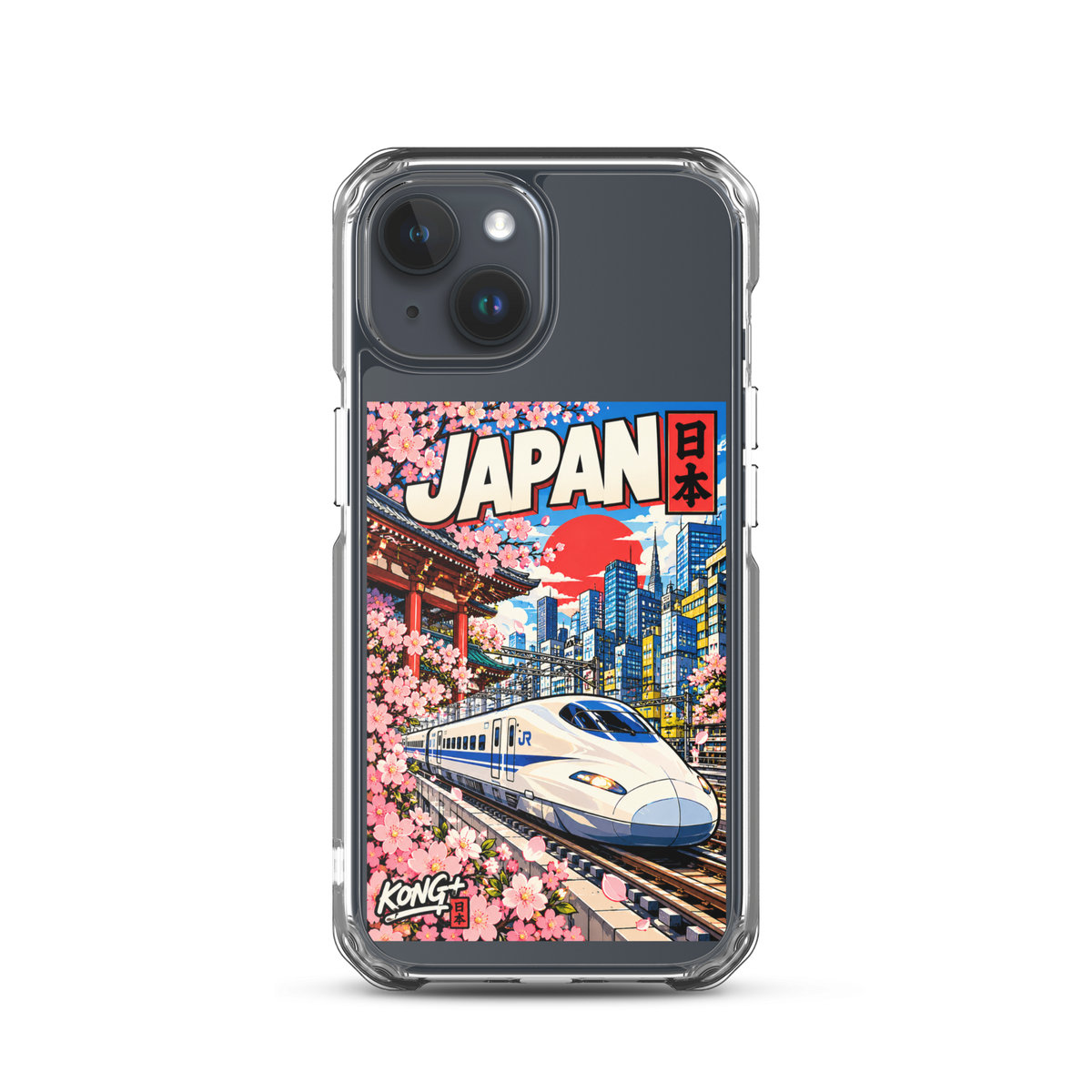 KONG+ Nippon Express Japanese phone case featuring a Shinkansen bullet train, Tokyo city streets, Japanese lanterns, cherry blossoms and colourful urban scenery.