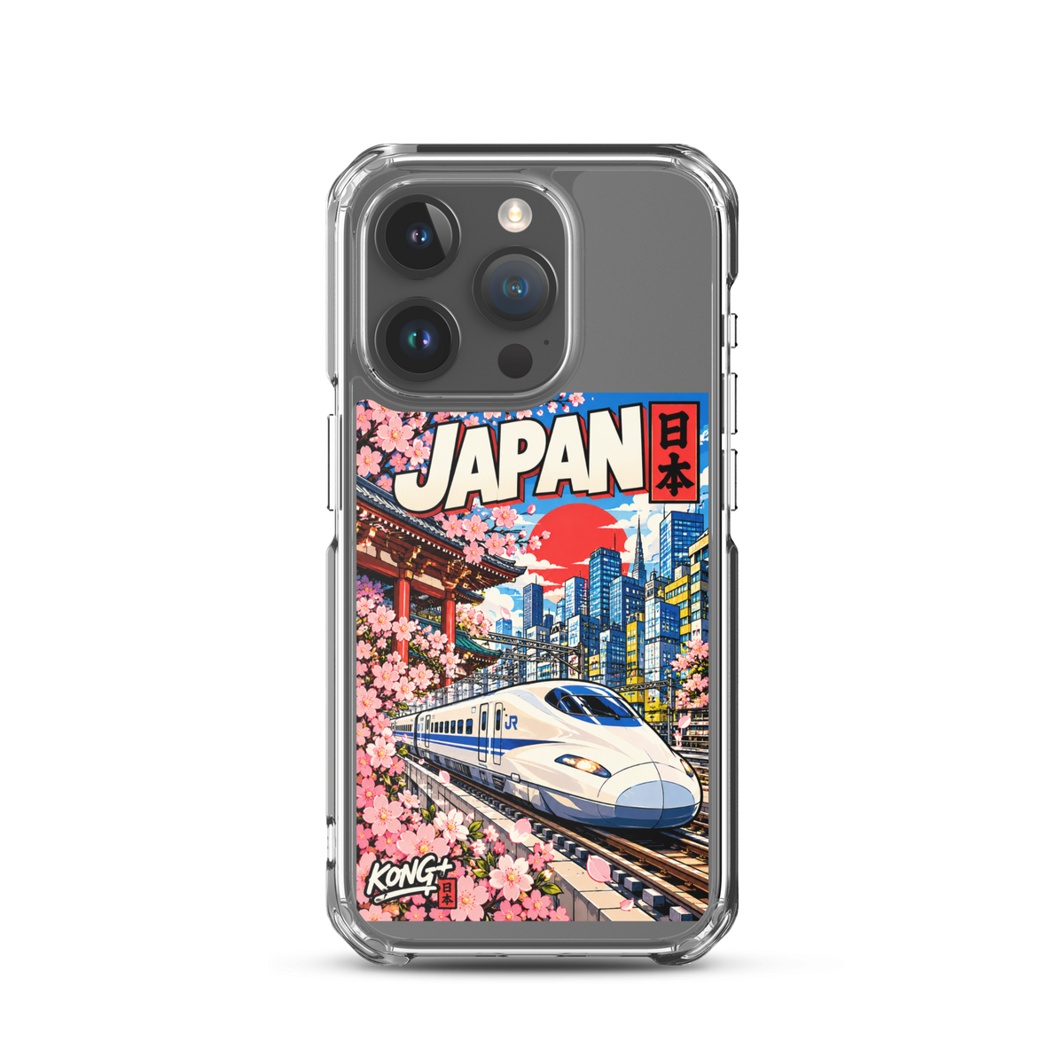 KONG+ Nippon Express Japanese phone case featuring a Shinkansen bullet train, Tokyo city streets, Japanese lanterns, cherry blossoms and colourful urban scenery.