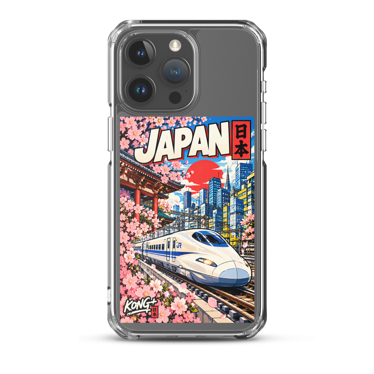 KONG+ Nippon Express Japanese phone case featuring a Shinkansen bullet train, Tokyo city streets, Japanese lanterns, cherry blossoms and colourful urban scenery.