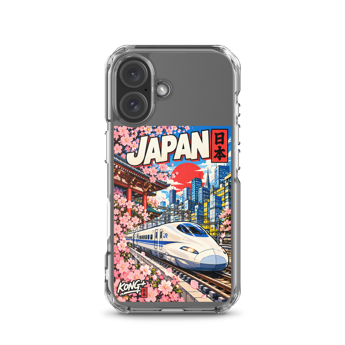 KONG+ Nippon Express Japanese phone case featuring a Shinkansen bullet train, Tokyo city streets, Japanese lanterns, cherry blossoms and colourful urban scenery.