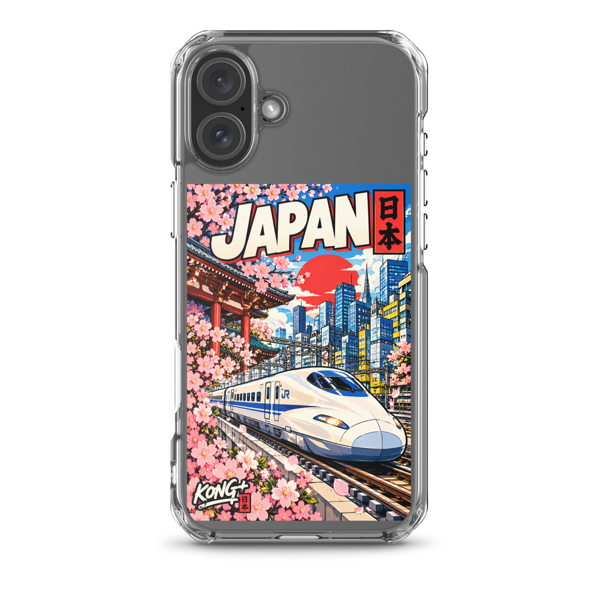 KONG+ Nippon Express Japanese phone case featuring a Shinkansen bullet train, Tokyo city streets, Japanese lanterns, cherry blossoms and colourful urban scenery.