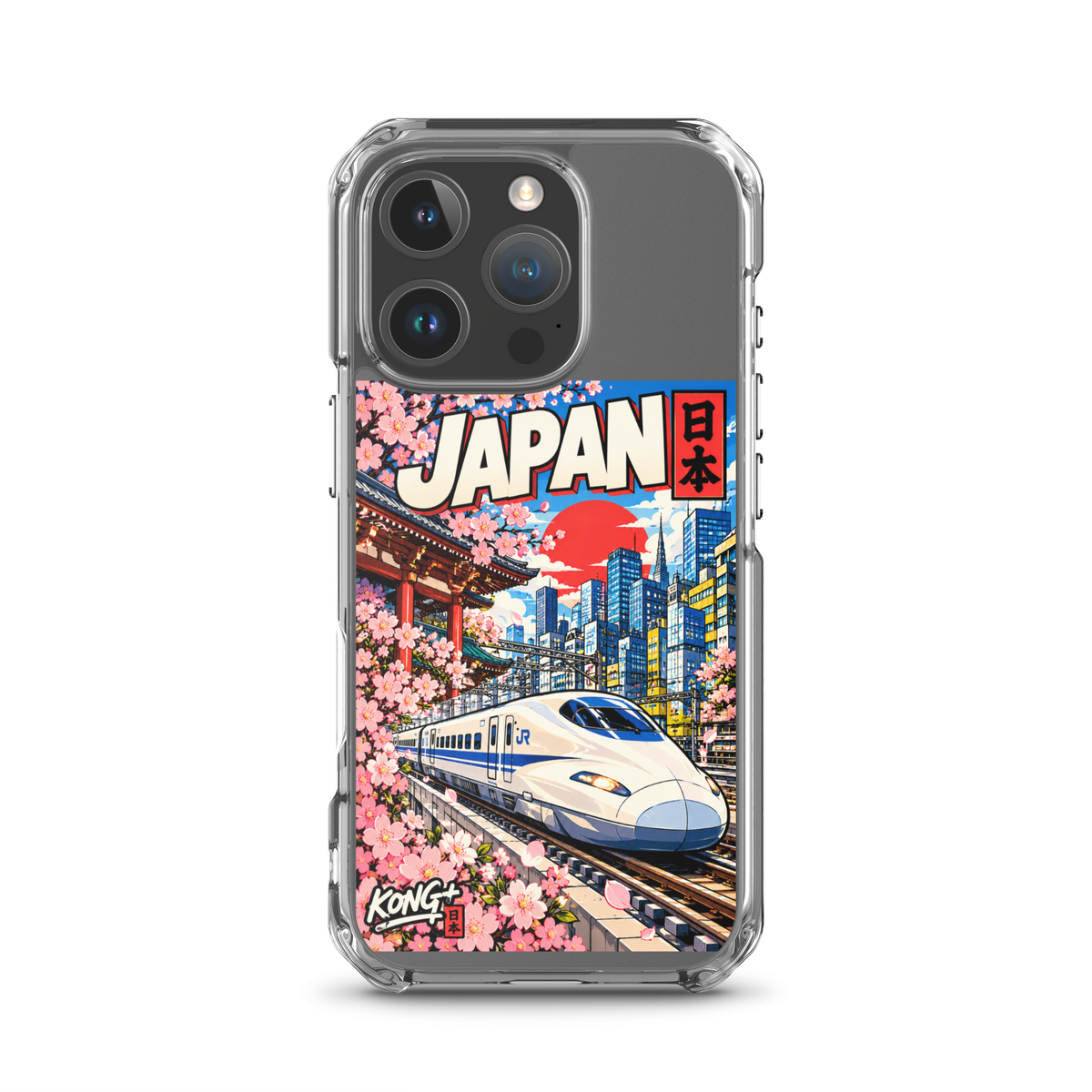 KONG+ Nippon Express Japanese phone case featuring a Shinkansen bullet train, Tokyo city streets, Japanese lanterns, cherry blossoms and colourful urban scenery.