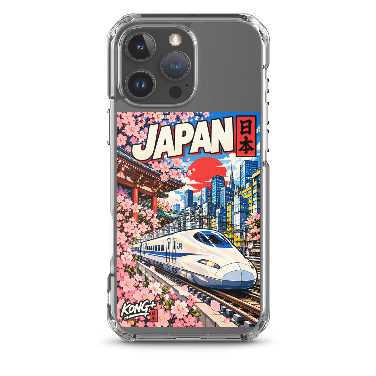KONG+ Nippon Express Japanese phone case featuring a Shinkansen bullet train, Tokyo city streets, Japanese lanterns, cherry blossoms and colourful urban scenery.