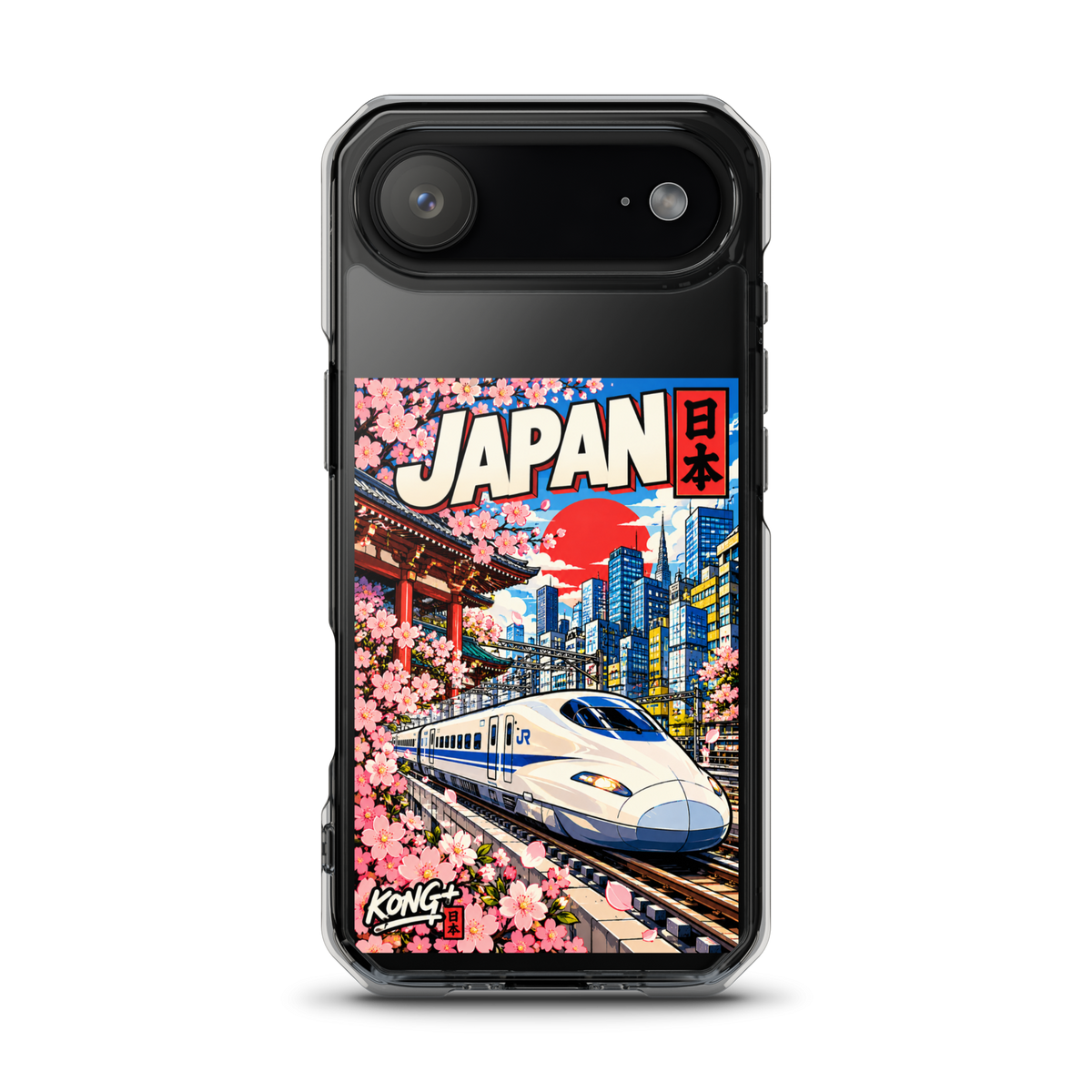 KONG+ Nippon Express Japanese phone case featuring a Shinkansen bullet train, Tokyo city streets, Japanese lanterns, cherry blossoms and colourful urban scenery.