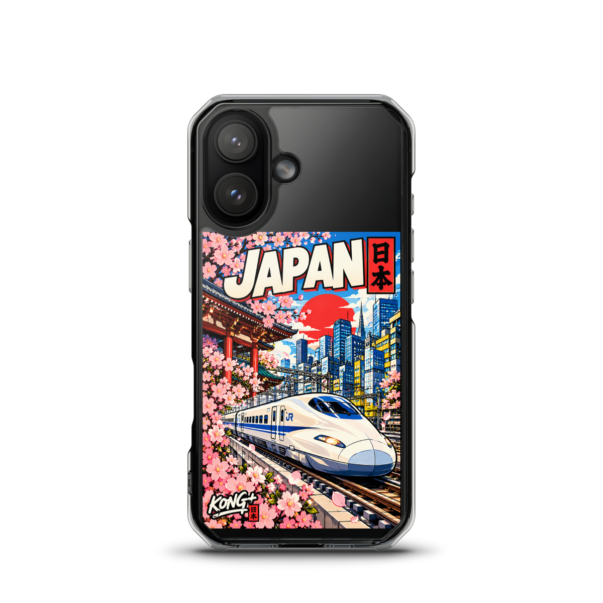 KONG+ Nippon Express Japanese phone case featuring a Shinkansen bullet train, Tokyo city streets, Japanese lanterns, cherry blossoms and colourful urban scenery.