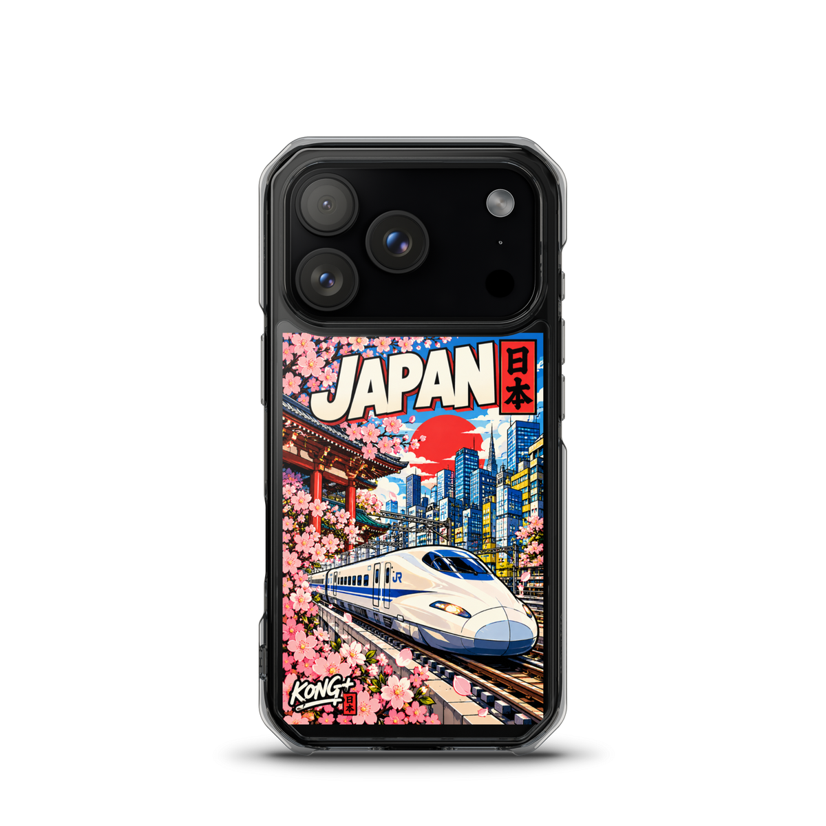 KONG+ Nippon Express Japanese phone case featuring a Shinkansen bullet train, Tokyo city streets, Japanese lanterns, cherry blossoms and colourful urban scenery.
