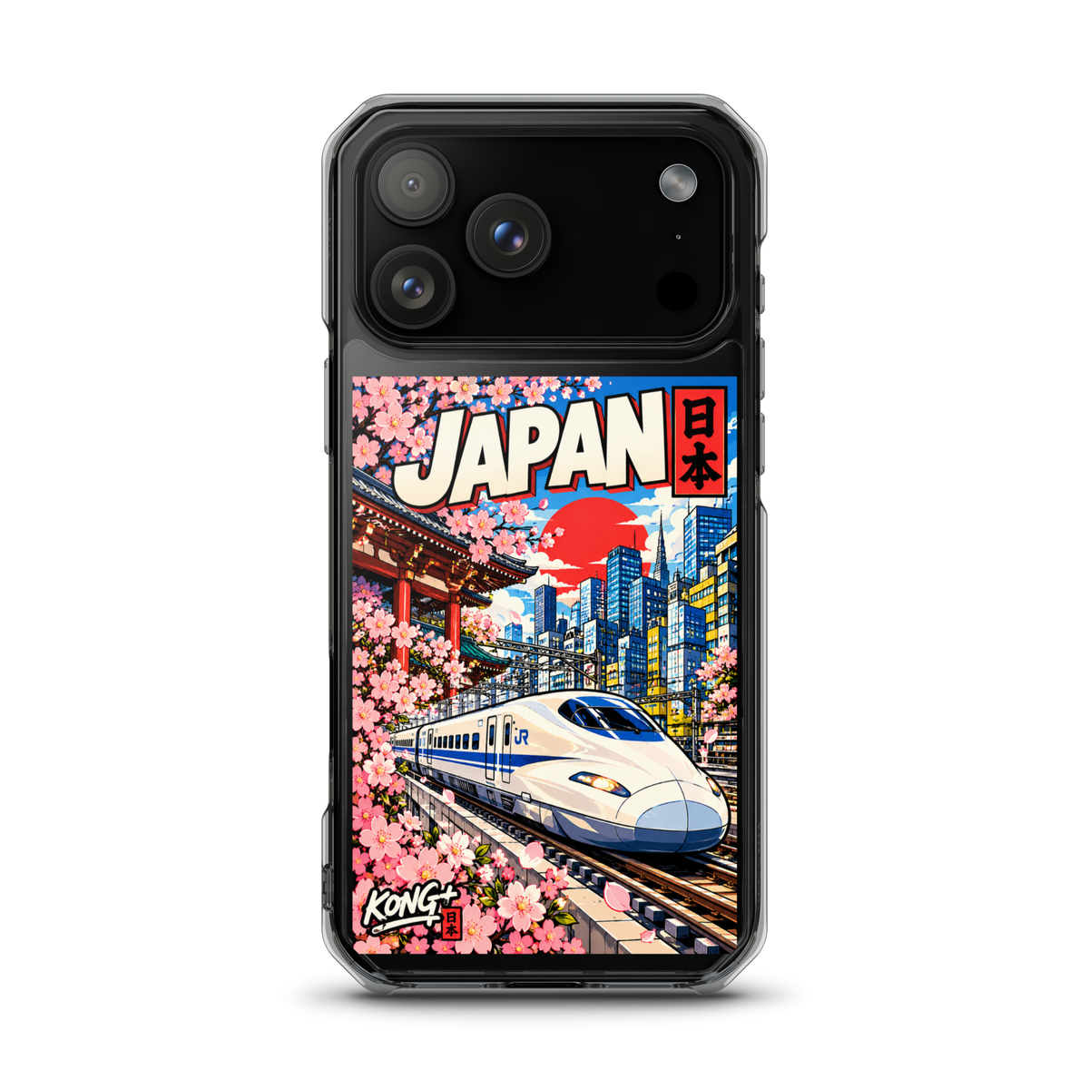 KONG+ Nippon Express Japanese phone case featuring a Shinkansen bullet train, Tokyo city streets, Japanese lanterns, cherry blossoms and colourful urban scenery.