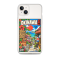 KONG+ Okinawa Sunshine Japanese phone case featuring turquoise sea, tropical flowers, palm trees, traditional Okinawan buildings and a shisa statue.
