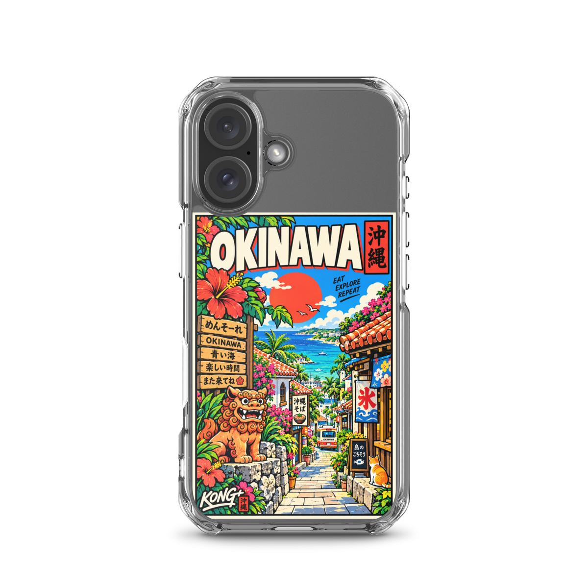 KONG+ Okinawa Sunshine Japanese phone case featuring turquoise sea, tropical flowers, palm trees, traditional Okinawan buildings and a shisa statue.