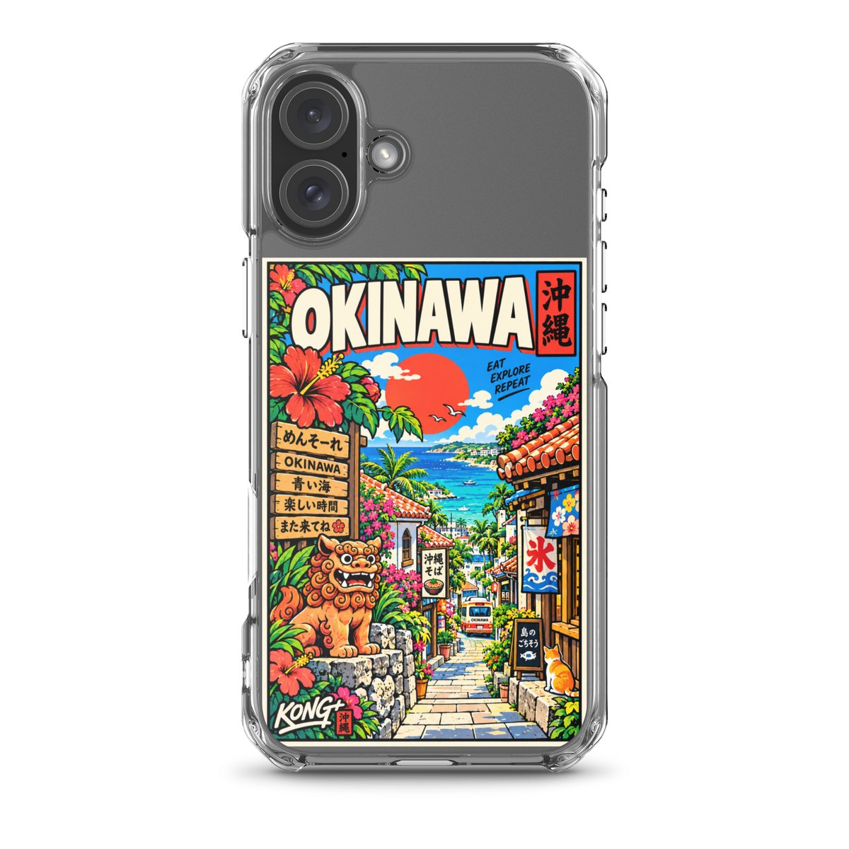KONG+ Okinawa Sunshine Japanese phone case featuring turquoise sea, tropical flowers, palm trees, traditional Okinawan buildings and a shisa statue.