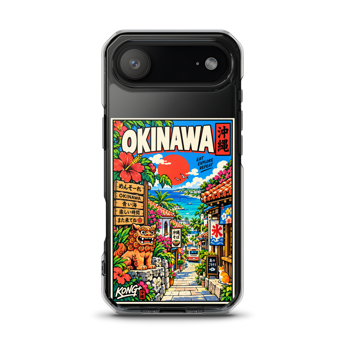 KONG+ Okinawa Sunshine Japanese phone case featuring turquoise sea, tropical flowers, palm trees, traditional Okinawan buildings and a shisa statue.