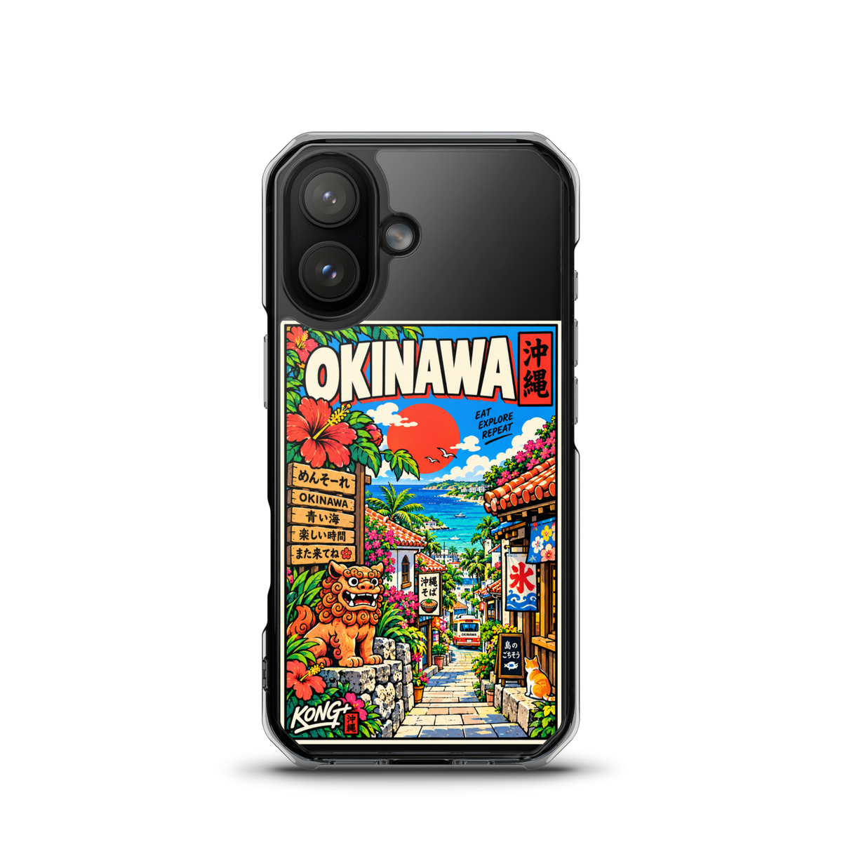 KONG+ Okinawa Sunshine Japanese phone case featuring turquoise sea, tropical flowers, palm trees, traditional Okinawan buildings and a shisa statue.