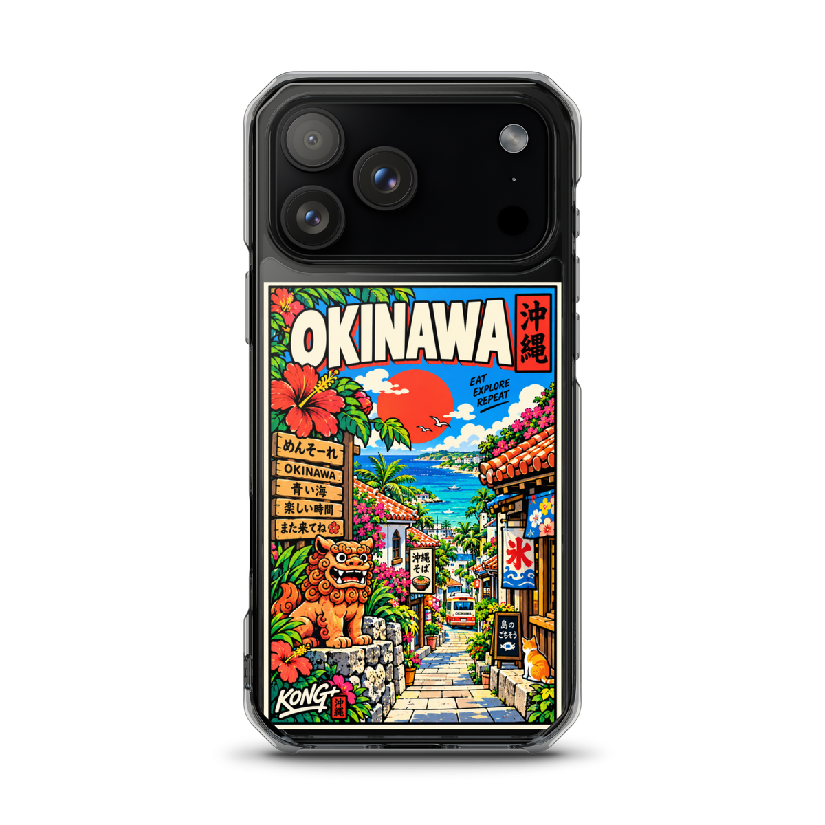 KONG+ Okinawa Sunshine Japanese phone case featuring turquoise sea, tropical flowers, palm trees, traditional Okinawan buildings and a shisa statue.