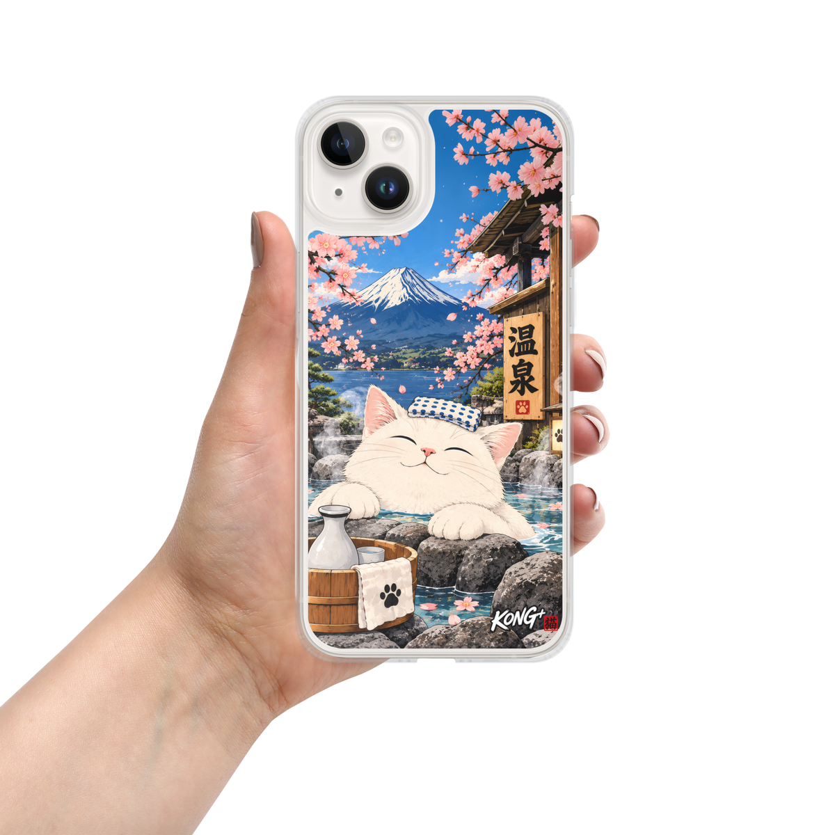 KONG+ Onsen Cat Fuji Japanese hot spring phone case with white cat Mount Fuji and cherry blossoms