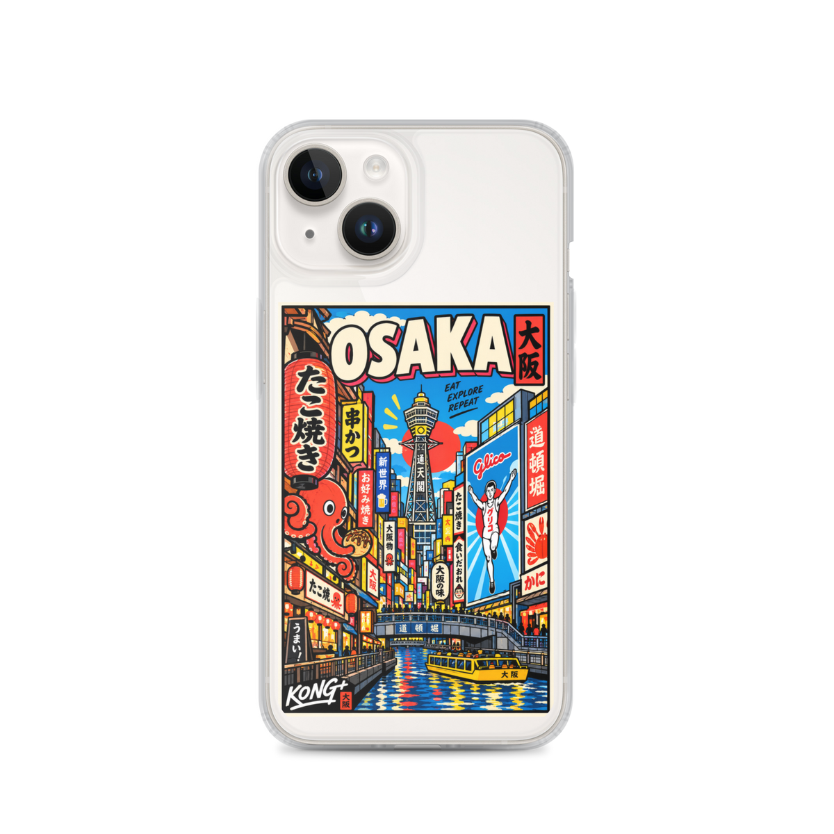 KONG+ Osaka Nights Japanese phone case featuring colourful Osaka street scenes, Dotonbori canal, Tsutenkaku Tower, neon signs and Japanese food culture.