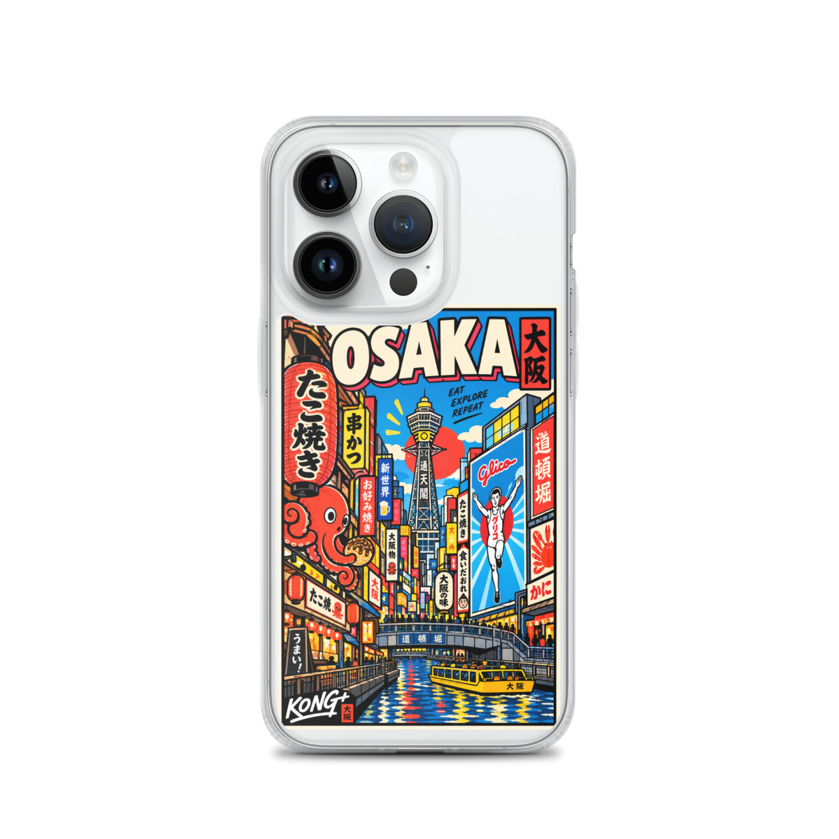 KONG+ Osaka Nights Japanese phone case featuring colourful Osaka street scenes, Dotonbori canal, Tsutenkaku Tower, neon signs and Japanese food culture.