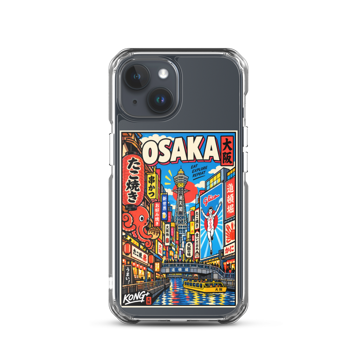 KONG+ Osaka Nights Japanese phone case featuring colourful Osaka street scenes, Dotonbori canal, Tsutenkaku Tower, neon signs and Japanese food culture.
