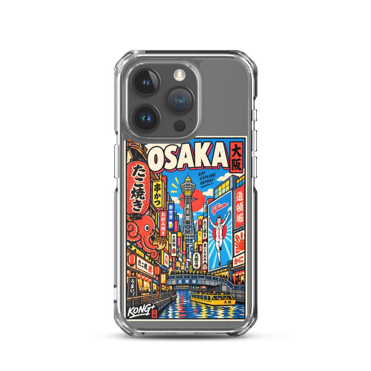 KONG+ Osaka Nights Japanese phone case featuring colourful Osaka street scenes, Dotonbori canal, Tsutenkaku Tower, neon signs and Japanese food culture.