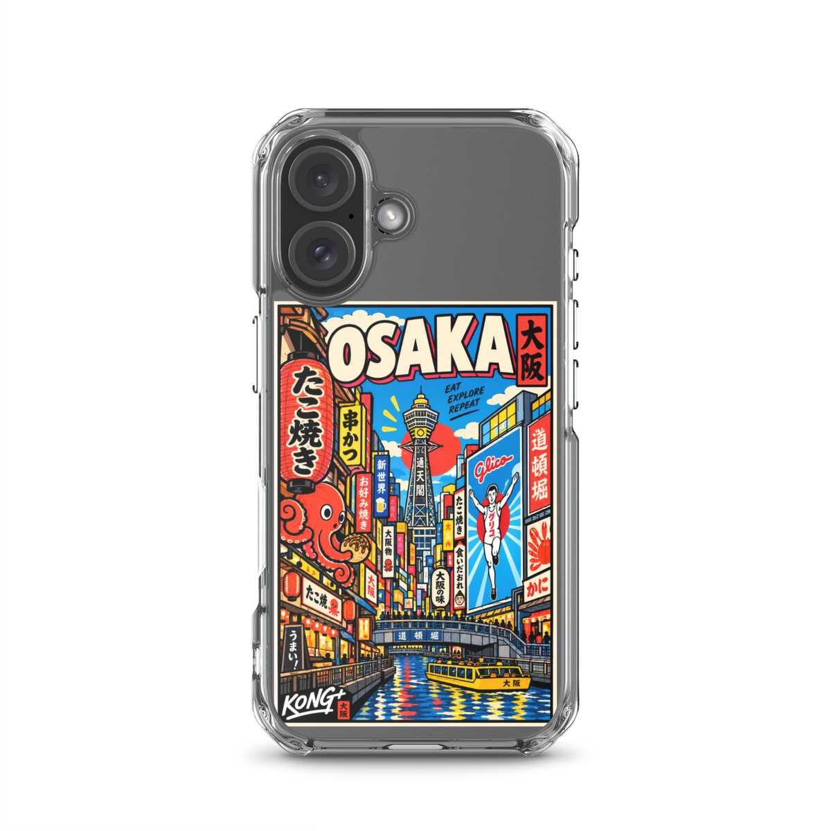 KONG+ Osaka Nights Japanese phone case featuring colourful Osaka street scenes, Dotonbori canal, Tsutenkaku Tower, neon signs and Japanese food culture.