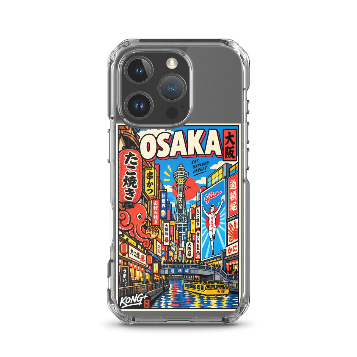 KONG+ Osaka Nights Japanese phone case featuring colourful Osaka street scenes, Dotonbori canal, Tsutenkaku Tower, neon signs and Japanese food culture.