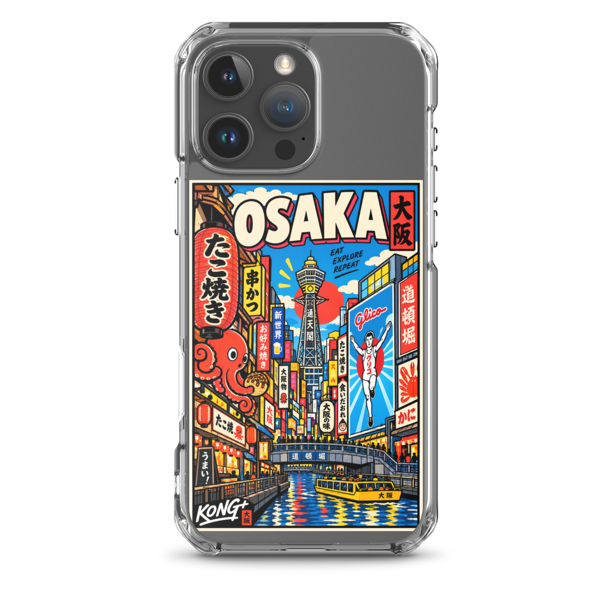 KONG+ Osaka Nights Japanese phone case featuring colourful Osaka street scenes, Dotonbori canal, Tsutenkaku Tower, neon signs and Japanese food culture.