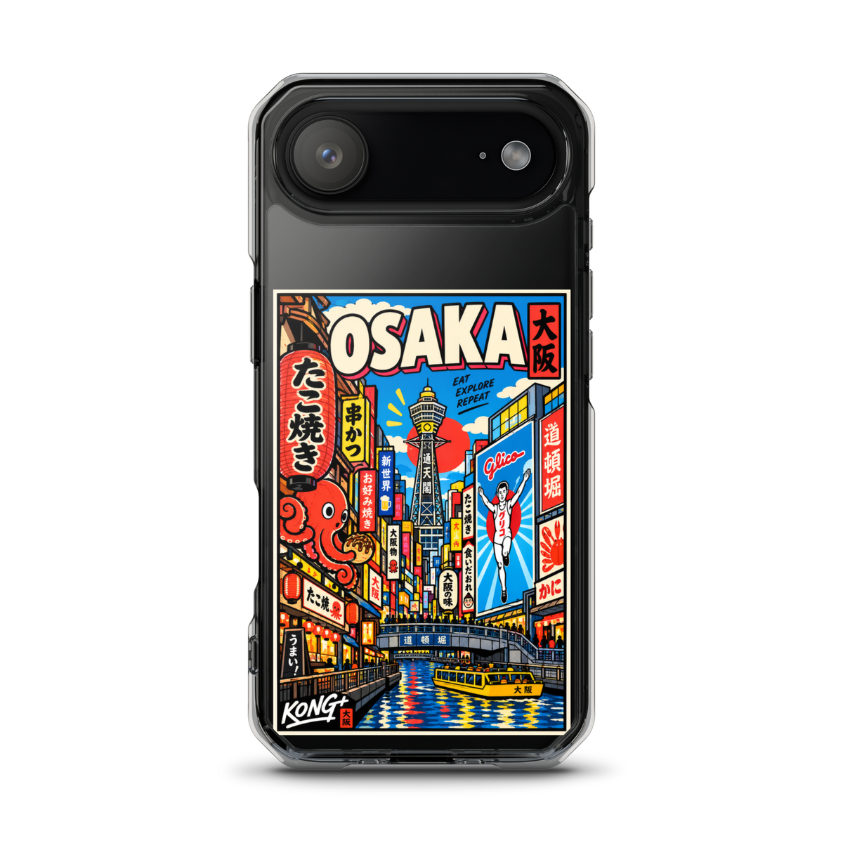 KONG+ Osaka Nights Japanese phone case featuring colourful Osaka street scenes, Dotonbori canal, Tsutenkaku Tower, neon signs and Japanese food culture.