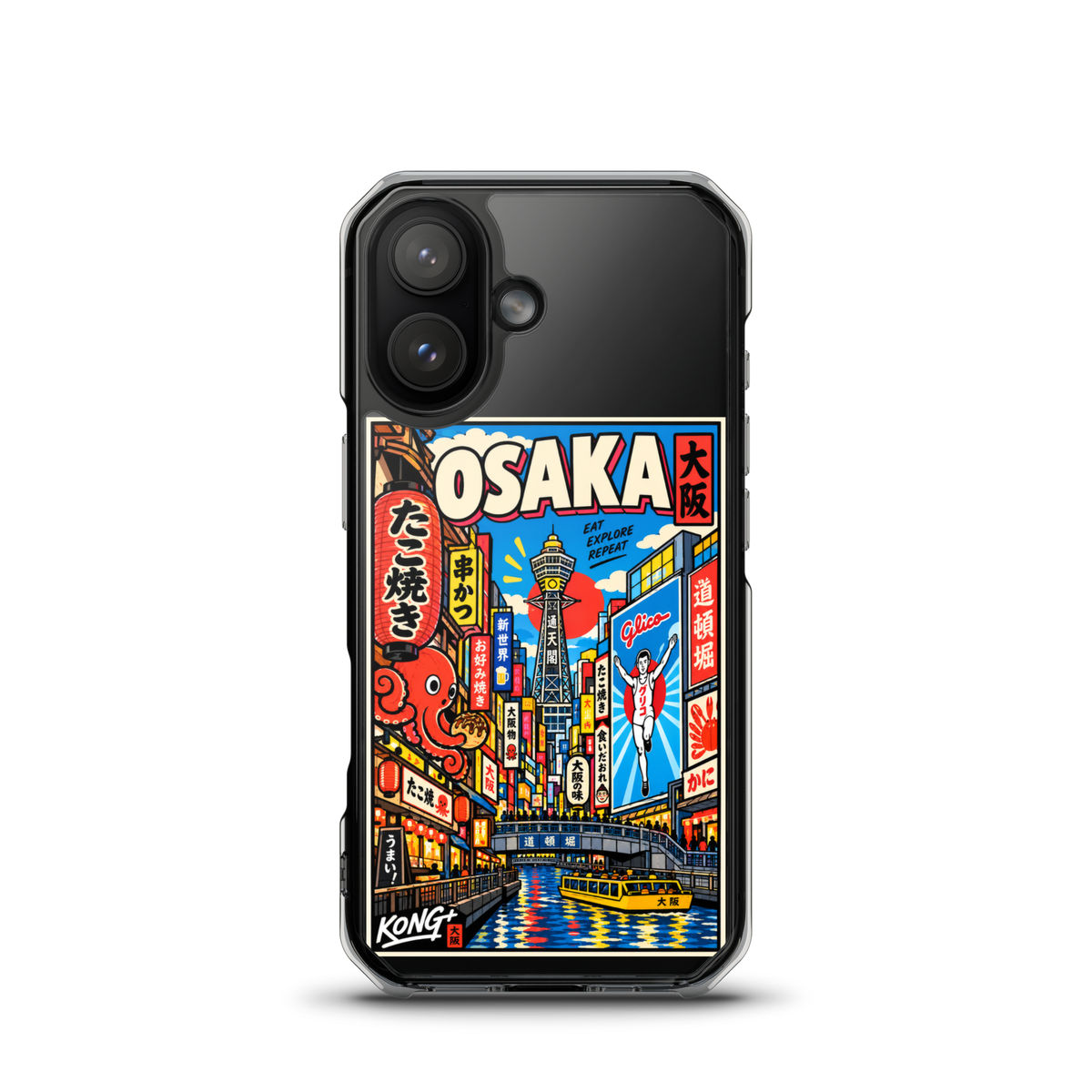 KONG+ Osaka Nights Japanese phone case featuring colourful Osaka street scenes, Dotonbori canal, Tsutenkaku Tower, neon signs and Japanese food culture.