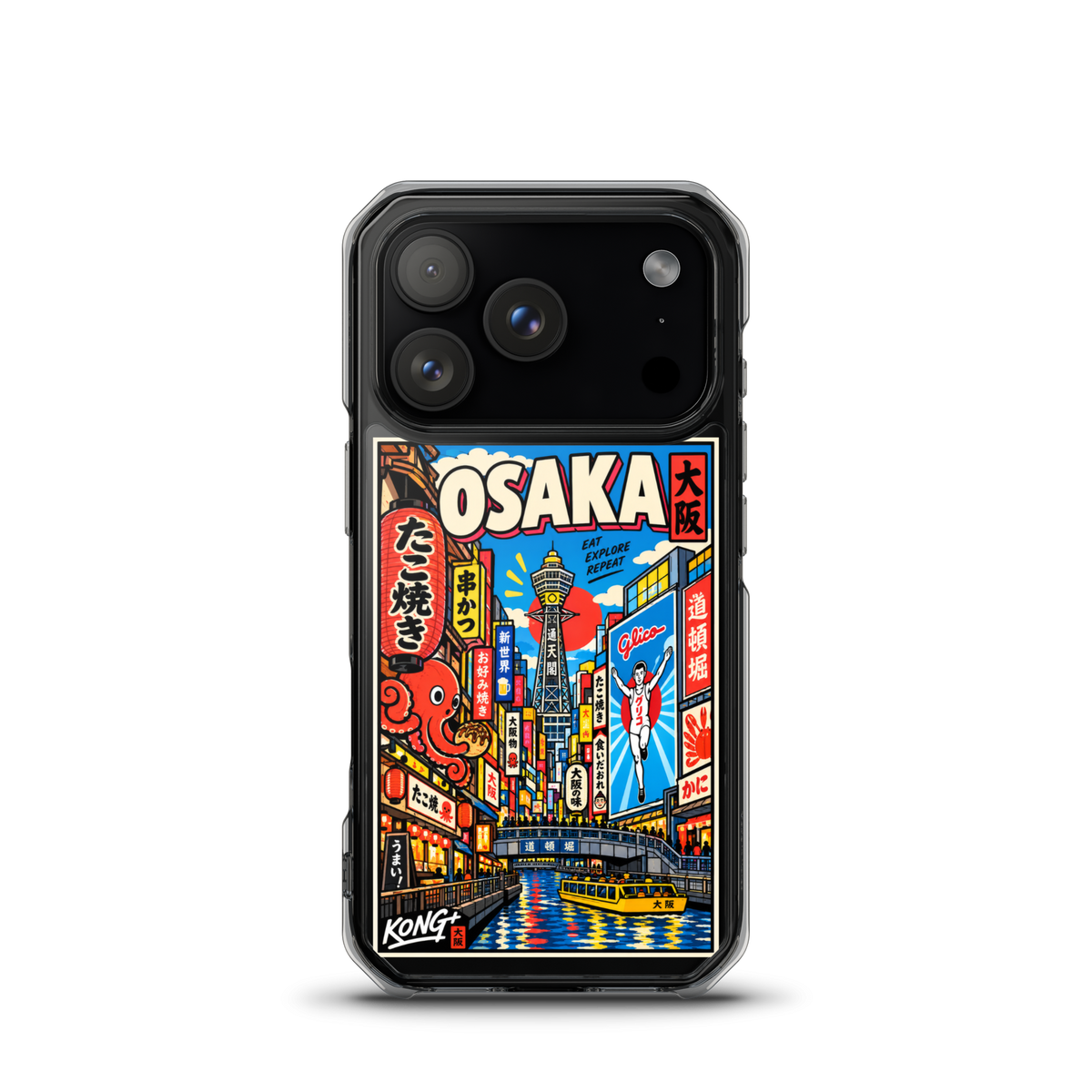 KONG+ Osaka Nights Japanese phone case featuring colourful Osaka street scenes, Dotonbori canal, Tsutenkaku Tower, neon signs and Japanese food culture.