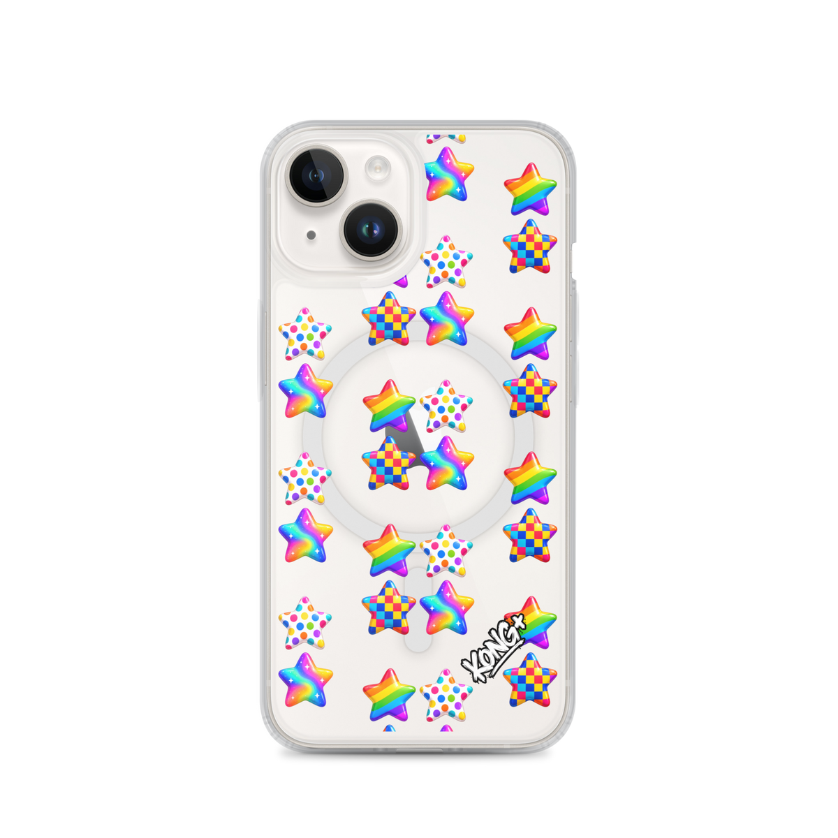 KONG+ Pop Stars colourful MagSafe iPhone case with rainbow, polka dot and checkerboard star patterns on a clear case.
