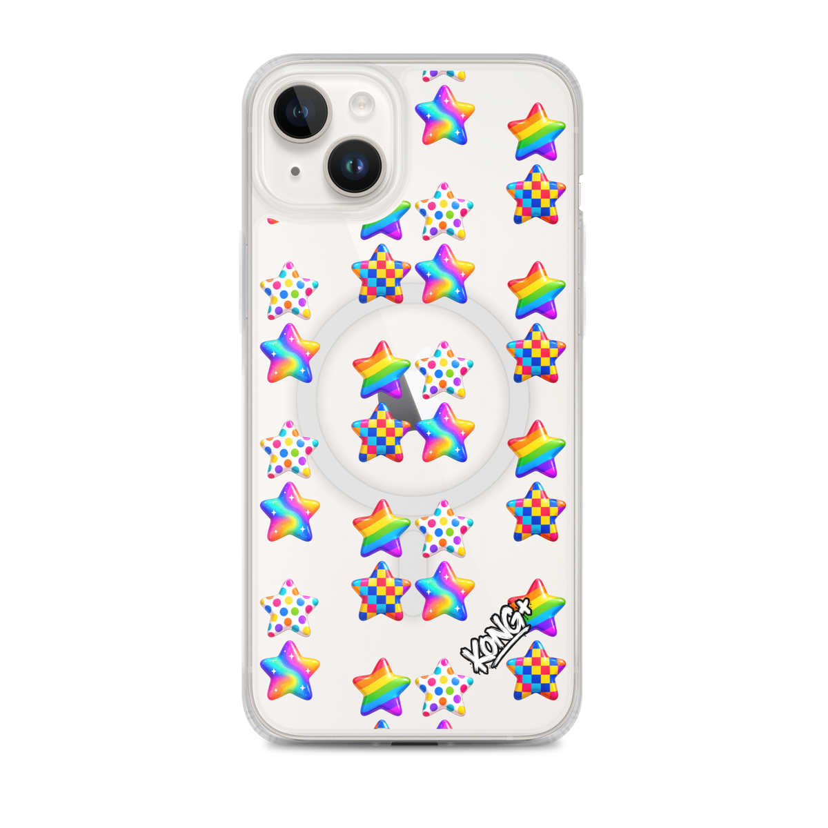 KONG+ Pop Stars colourful MagSafe iPhone case with rainbow, polka dot and checkerboard star patterns on a clear case.