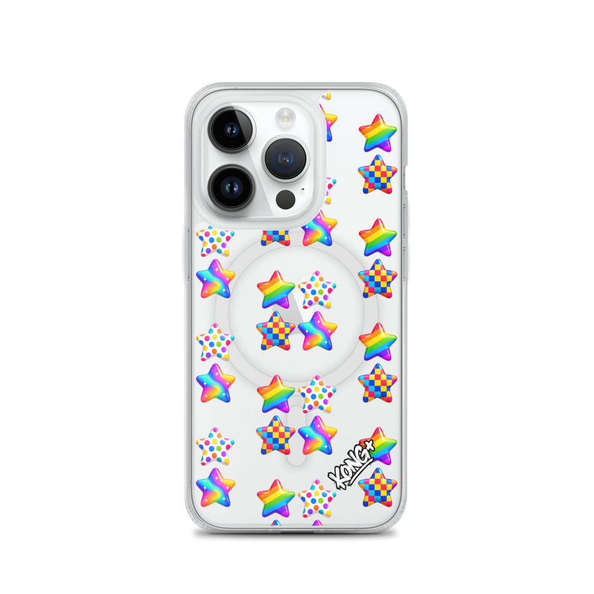 KONG+ Pop Stars colourful MagSafe iPhone case with rainbow, polka dot and checkerboard star patterns on a clear case.
