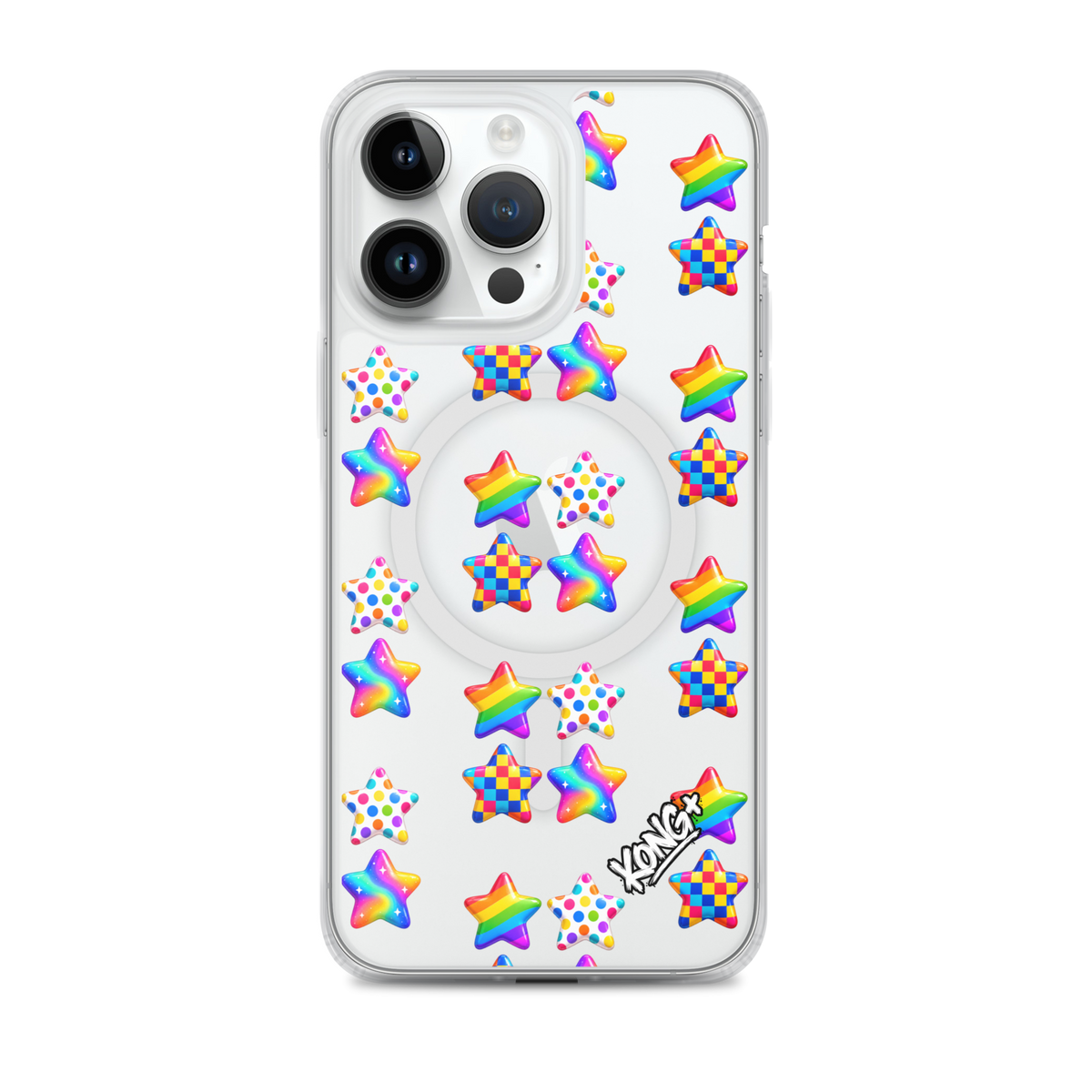 KONG+ Pop Stars colourful MagSafe iPhone case with rainbow, polka dot and checkerboard star patterns on a clear case.